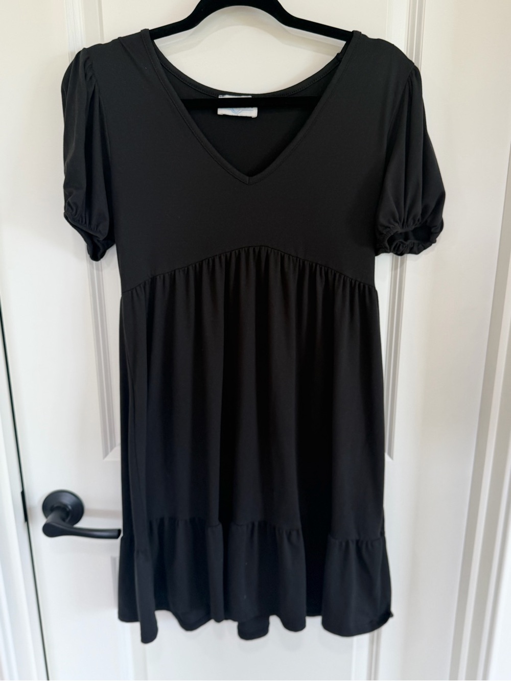 V-Neck Black Mini Dress with Puff Sleeves